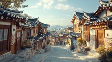 Traditional Korean architecture lined up a narrow alleyway.