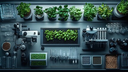 Top view of laboratory table with plants, microscope, equipment and chemicals for research.