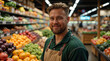 © Daniel L - A smiling produce manager in a large grocery store.  In the background are aisles of fruits and vegetables and bins filled with same.