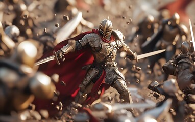 A fierce warrior stands out in battle, wielding swords among soldiers in dynamic action, showcasing bravery and strength.