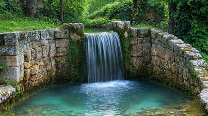 Wall Mural -  A small waterfall cascades into a pond from its side