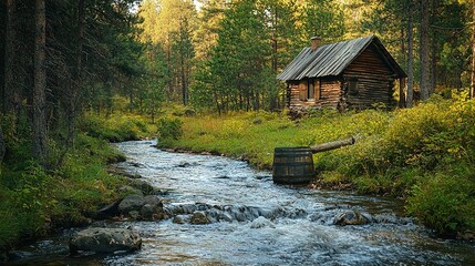 Wall Mural -   A log cabin sits atop a green hill, beside a river and a wooden barrel