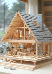 A small wooden house with a large window and a fireplace. The house is made of wood and has a cozy, warm feeling