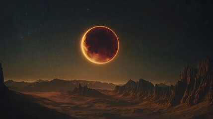 Wall Mural - a lunar eclipse visible from a nearby planet, showcasing a red, recognizable moon that faintly glows