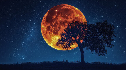 Wall Mural - a lunar eclipse visible from earth, providing a beautiful view of the horizon with a tree beside the