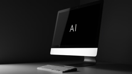 A sleek desktop computer with an illuminated screen displaying AI text in a dark environment