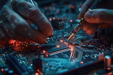 Man repairing laptop motherboard with screwdriver. CPU hardware upgrade.