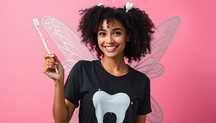 Pleased female tooth fairy believes in magic poses with wand wears black t shirt has curly hair with stuck toothbrushes comes on costume party to entertain children isolated on pink background isola