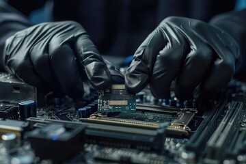 Engineer repairman inserts chip processor into computer socket.