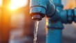 © Anna - Water flows from a blue faucet in the late afternoon light, creating a serene atmosphere. The sun casts a warm glow, highlighting the texture of the faucet and surrounding elements