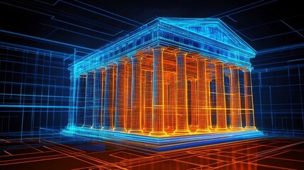 Modern technology and connection are portrayed in this futuristic digital representation of a government building.