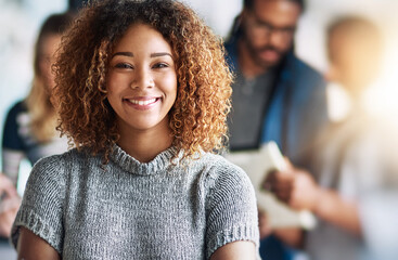 Creative, portrait and happy woman in startup with business, confidence or growth mission in office. Face, lens flare or proud female designer in workplace for development, ambition and opportunity