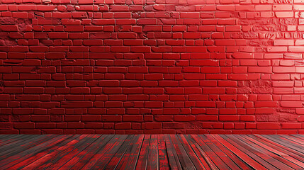 A red brick wall with a wooden floor. The wall is made of red bricks and the floor is made of wooden planks.