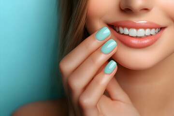 A close-up of a smiling woman showcasing her mint green nails against a soft blue backdrop