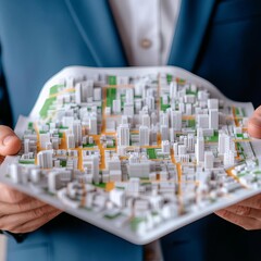 Investor holding 3D-rendered city map, highlighting profitable real estate