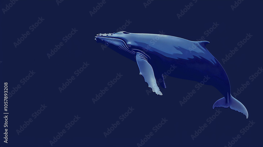 Blue whale illustration isolated on a dark blue background. The whale ...