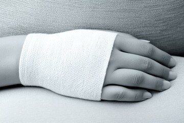 Close-up of a hand wrapped in an elastic bandage resting on a soft surface, symbolizing care and healing