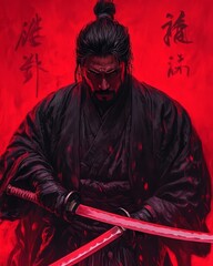 A samurai warrior stands with two swords, one drawn, against a red background with Japanese characters.