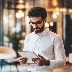 Investor standing in modern office, reviewing digital property data on tablet