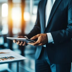 Investor standing in modern office, reviewing digital property data on tablet