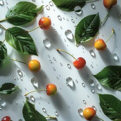 Canvas Print - Top view, cherries leaves with water droplets, white background, light rays, shimmer effects.