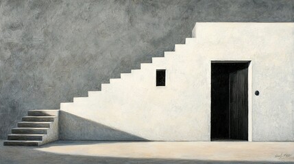 Wall Mural -   A white-building door has steps leading up to a black entrance, as depicted in a painting