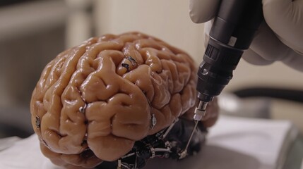 Poster - In a lab, a researcher inspects a brain model with precision tools, delving into details to advance their understanding of neuroscience and artificial intelligence.