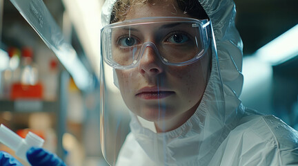 Poster - Scientist wearing protective gear, examining samples in a laboratory, focus on healthcare research, clinical and innovative environment.