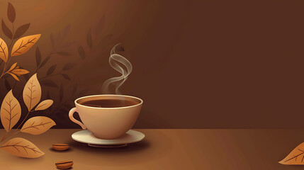 Wall Mural - A cup of coffee on a saucer with coffee beans and leaves in the background. The cup is brown and the saucer is white. The coffee is steaming.