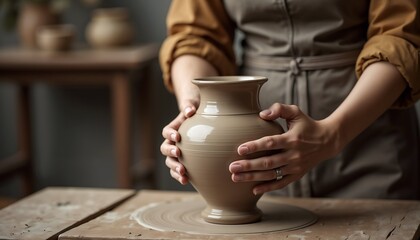 A potter with a handmade clay vase, the atmosphere of a creative workshop, warm neutral tones