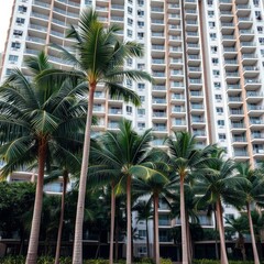 Large row of palm trees bunched together in front of a condominium apartment building tropical setting Condominium 