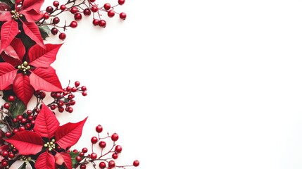 Wall Mural - A close-up of red poinsettia flowers and berries arranged on a white background. The foliage is clustered together, creating a border on the left side of the image.