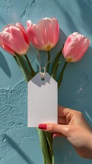 Wall Mural - A hand holding a blank tag near pink tulips against a blue background in a bright setting