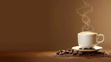 Freshly brewed coffee in a white cup placed on a saucer next to a pile of coffee beans on a brown background.