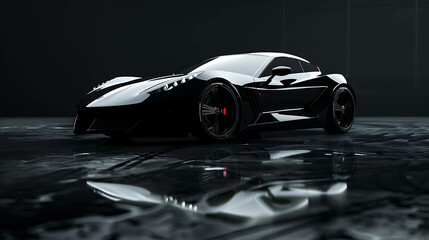 A sleek black sports car is parked on a wet surface, reflecting the light from the surrounding environment.