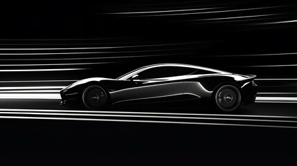 The dark knight of the road. A sleek black sports car speeds through the night, leaving a trail of light in its wake.