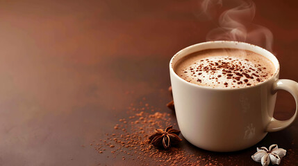 Wall Mural - Hot chocolate in a white cup on a brown background. The cup is surrounded by cocoa powder and anise. The image is warm and inviting.