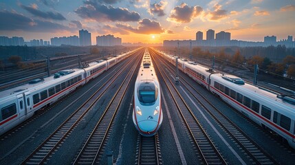 Aufkleber - A high-speed train station, with many modern and sleek high-speed trains parked at the platform. In front of it stands one huge railway track leading to faraway places. Aerial view.