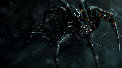 A close-up of a black spider with orange markings on its back. The spider is perched on a web in front of a dark background.