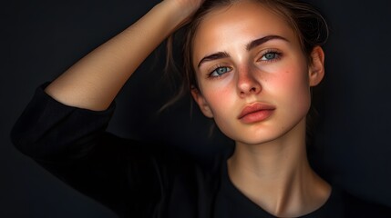 A woman with a black shirt and no makeup touching her face