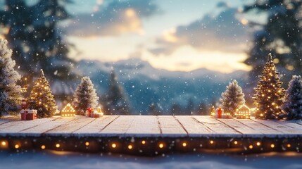 Merry christmas and happy new year greeting background with table .Winter landscape with snow and christmas trees 