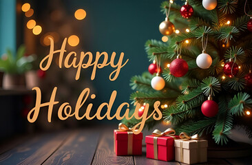 Wall Mural - happy holiday banner with a beautiful christmas tree, lights and presents on the wooden floor