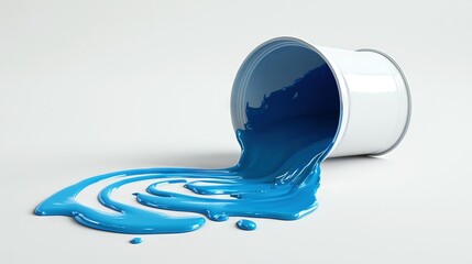   A bucket filled with blue paint pours onto a white floor, adjacent to two identical white walls