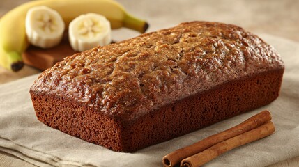 Classic banana bread loaf with crispy edges, on a beige linen, with cinnamon sticks and fresh banana slices