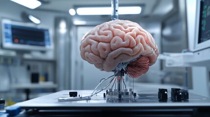 Poster - A brain is positioned on a laboratory table, connected to various instruments for scientific research and analysis, highlighting ongoing studies in neuroscience and brain functions.