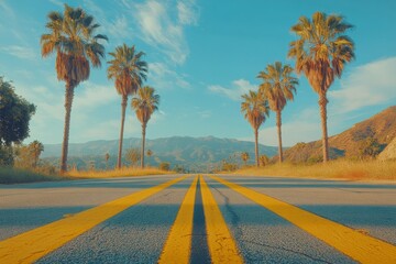 Wall Mural - A quiet road lined with palm trees on a sunny day in a scenic landscape