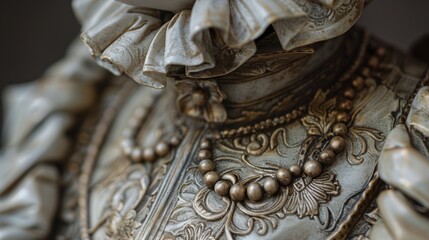 Close up view of a statue wearing a necklace made of large beads and an ornate ruffled collar. The statue is wearing a highly detailed garment with gold accents