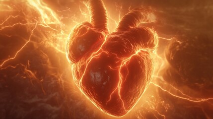 Aufkleber - A vibrant heart, illuminated in orange and red tones, emits electric energy like lightning while set against a dramatic, fiery backdrop.