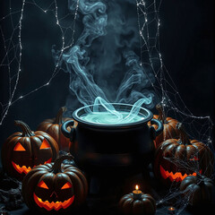 A bubbling cauldron surrounded by carved pumpkins and cobwebs on Halloween night