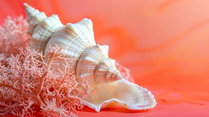 Wall Mural - This is an image of a seashell and coral. The seashell is white and the coral is pink. The seashell is sitting on a pink background.